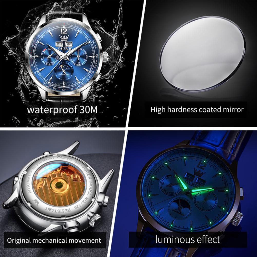 OLEVS 7128 Automatic Mechanical Men's Watch Multi functional Date Lunar phase Waterproof Wristwatch Man