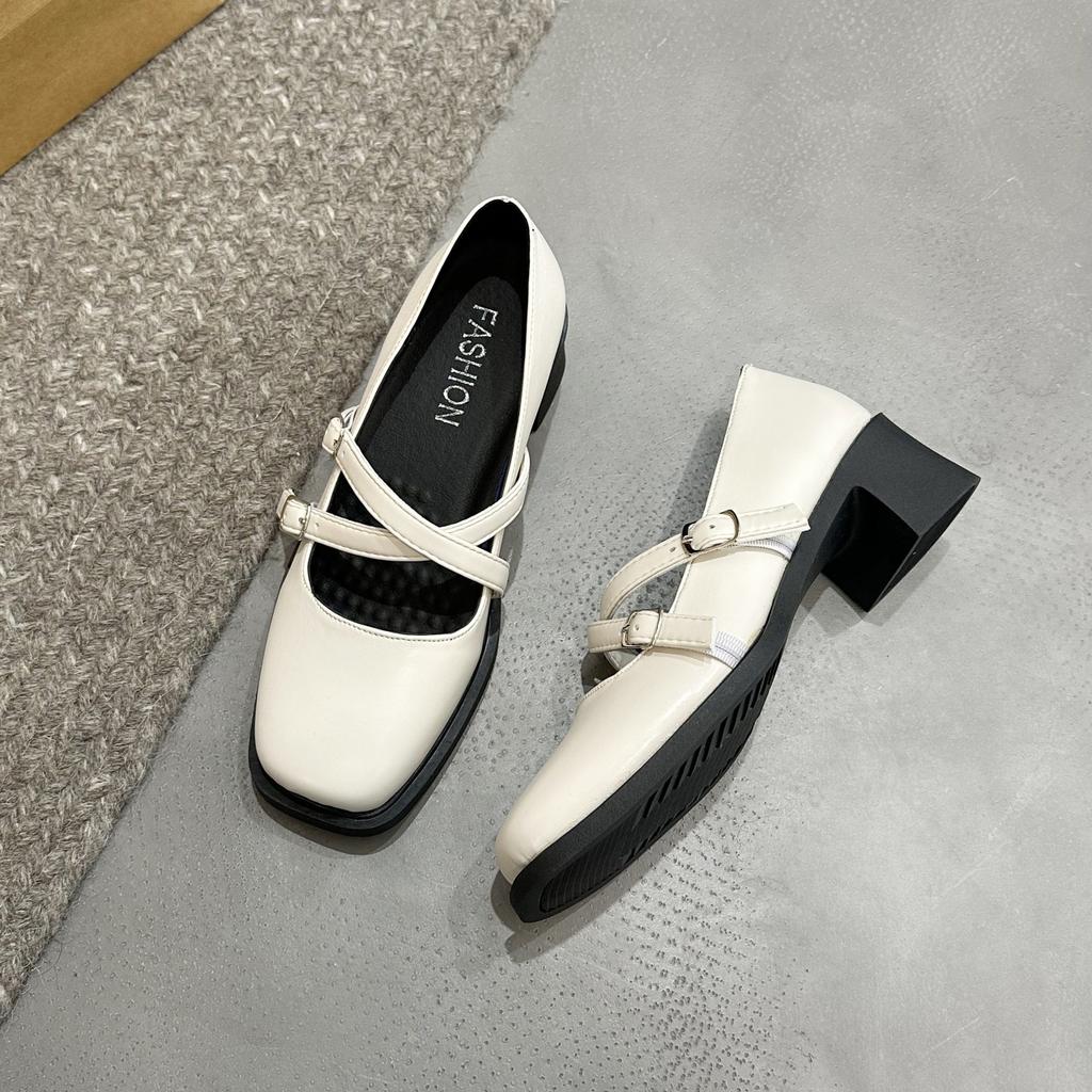 2024 New  Spring Women Shoes  Leather Mary Jane Shoes Square Toe Chunky Heel Women Shoes Retro Buckle Mid-heel Pumps