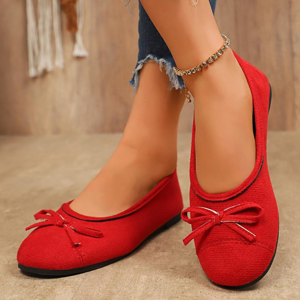 Women's Ballet Flats Slip On Round Toe Bow Accent Soft Upper Flexible Sole Casual Footwear
