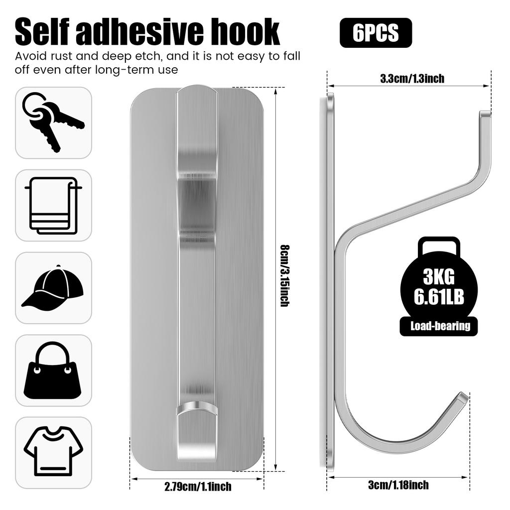 6 Pcs Towel Hooks Stainless Steel Self Adhesive Hook Bathroom Hooks for Hanging Coats Purse Clothes Scarfs Backpacks Keys Bags