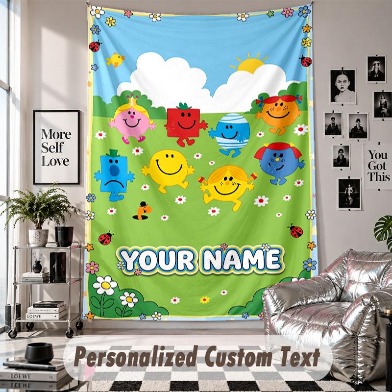 Wall Hanging Tapestry With Custom Name & Text, Mr. Men & Little Miss Decorative Tapestry For Bedroom