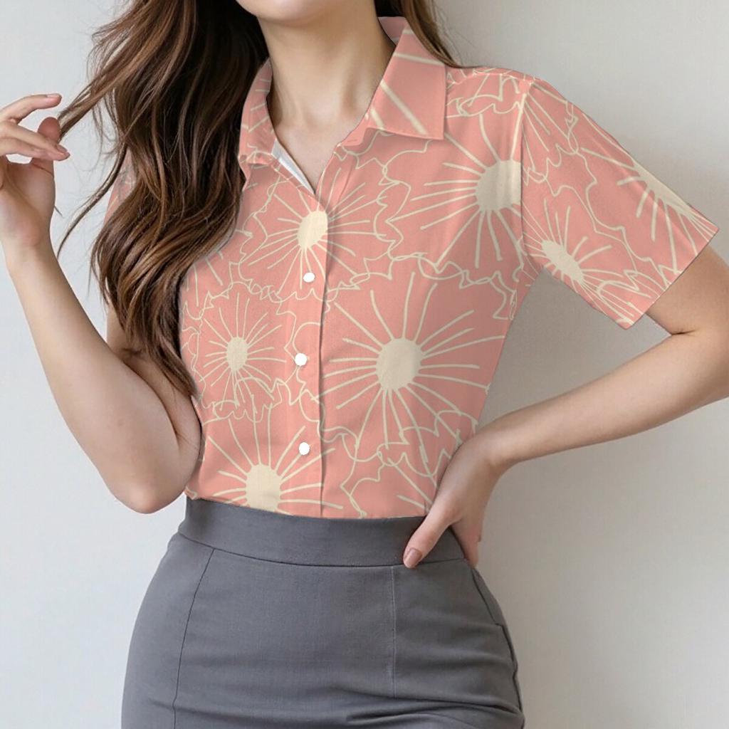 Elegant women's short-sleeved shirt, printed collar, suitable for commuting and dating