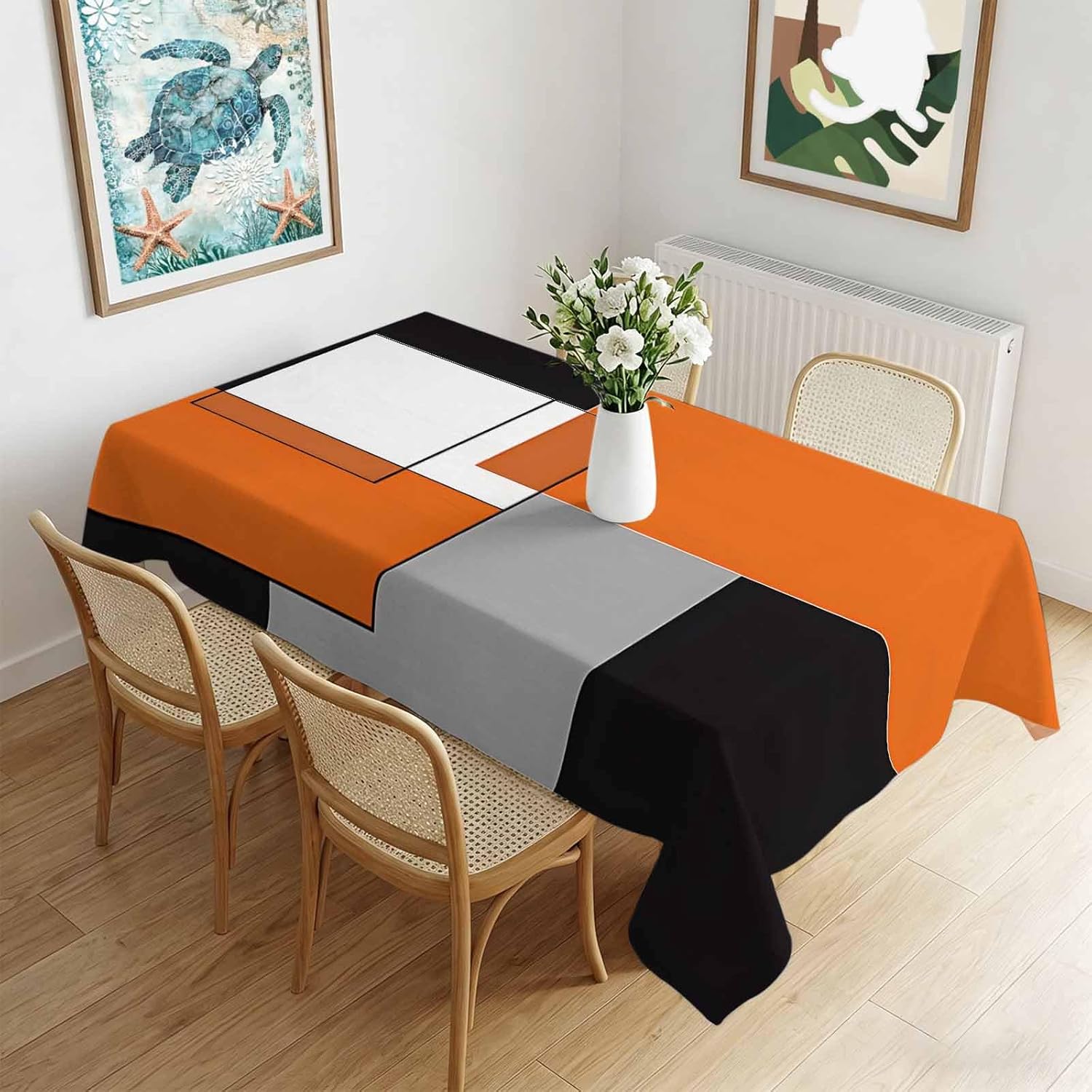 Nappe Rectangulaire Imperméable à Motifs Géométriques Color Block Orange Noir Gris Blanc Housse de Table Imprimée pour Table de Maison 90x140cm