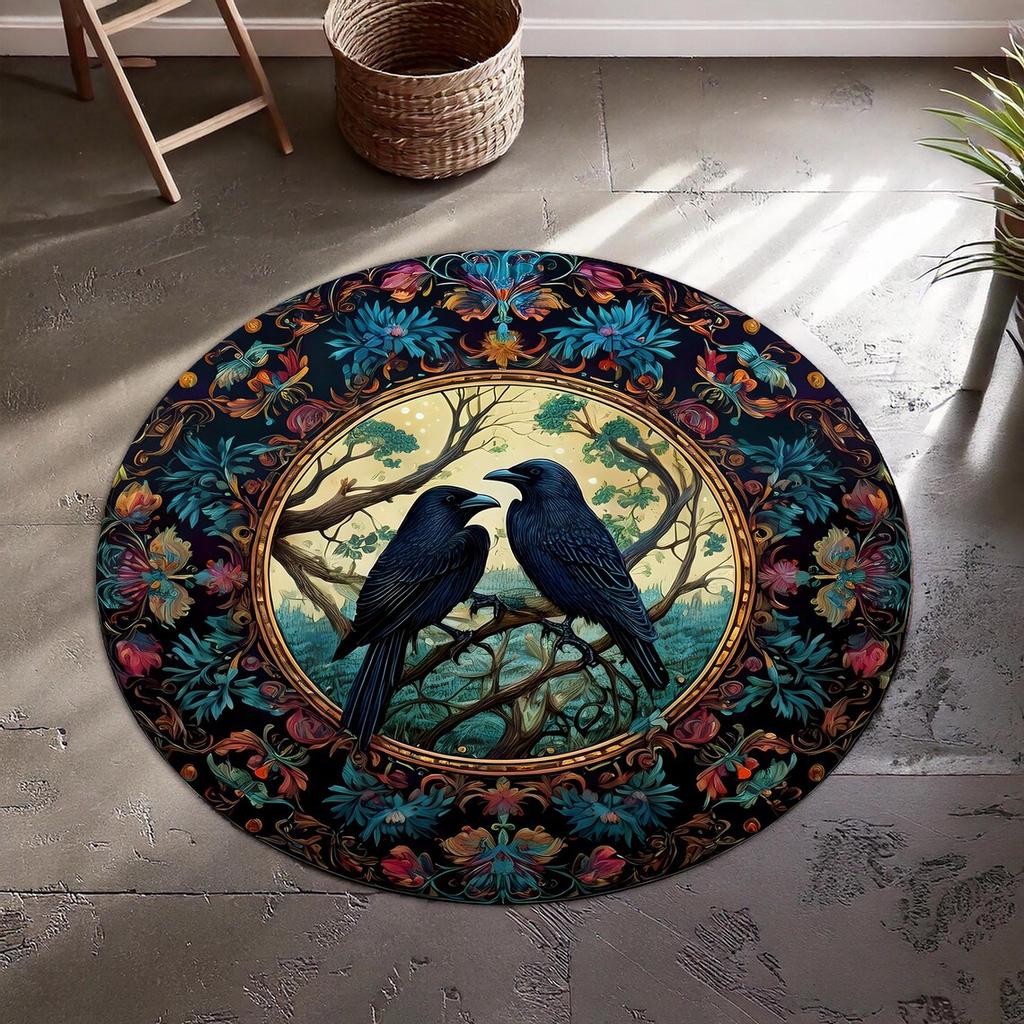 Floral Round Rug with Bee Design, Washable Carpet Boho Vintage Crow Rug for Living Room, Bedroom, Home Decor Floor Mat