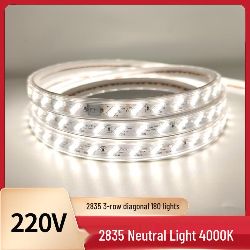 220V 2835 LED Strip Light, 180° Angle, Three Rows, Neutral 4000K, Natural Rubber-Coated Soft Light