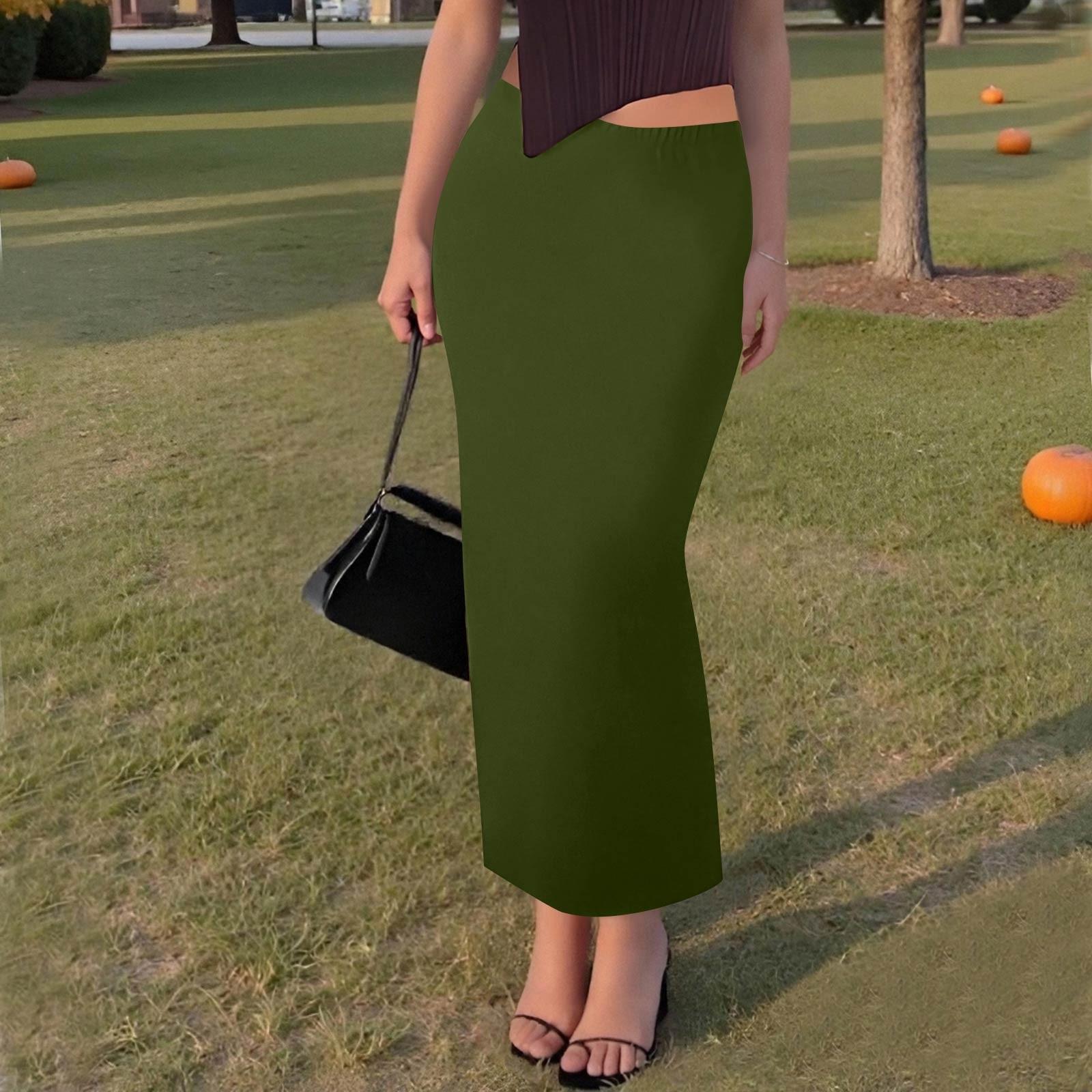 

Жіноча повсякденна мода суцільний колір риб ячий хвіст розділена спідниця еластична тонка спідниця до половини тіла L армія зелений колір