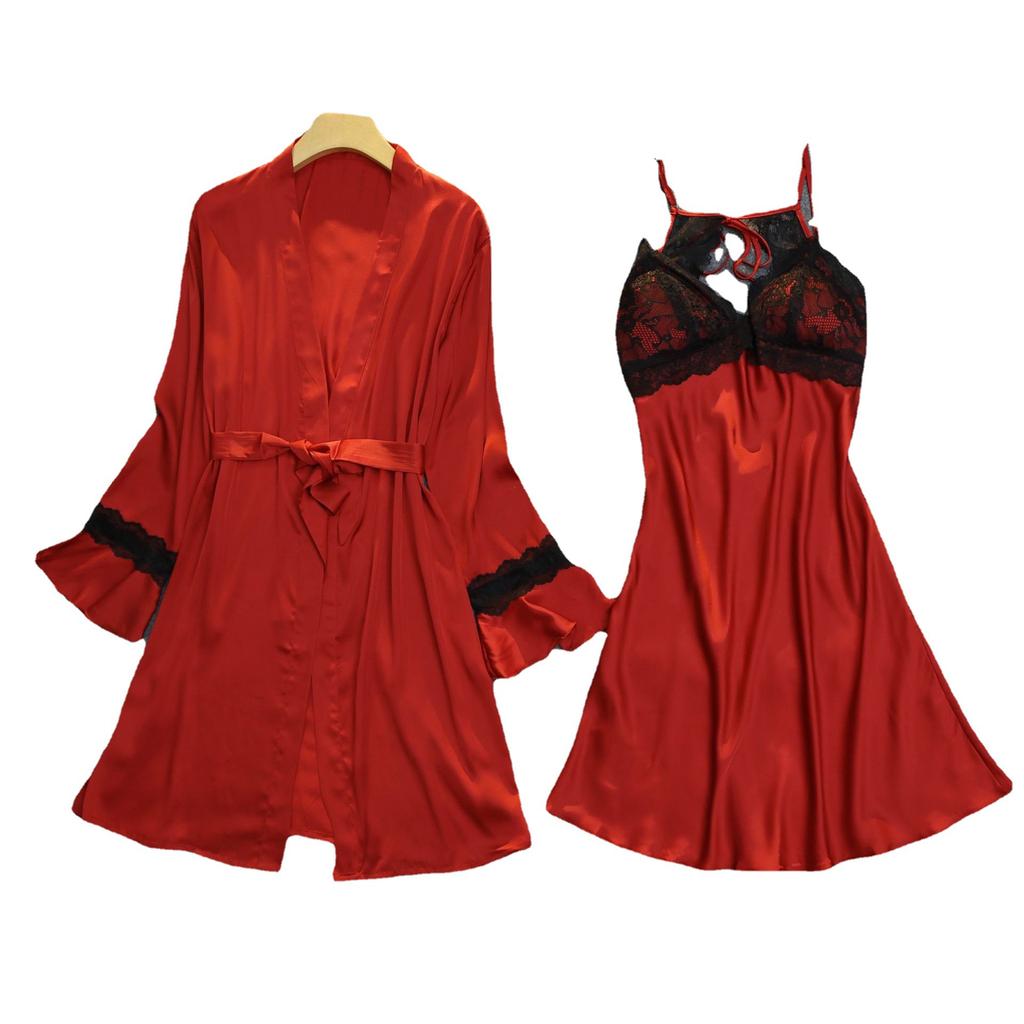 New nightgown women's nightgown hanging skirt two-piece set black lace lace sexy suit luxury loungewear