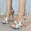 Fashion 13CM High Heeled Sandals Flower Print Ankle Strap Women's Platform Sandalias Fashion Party Dress Tacones Size 34-43 Heels Women
