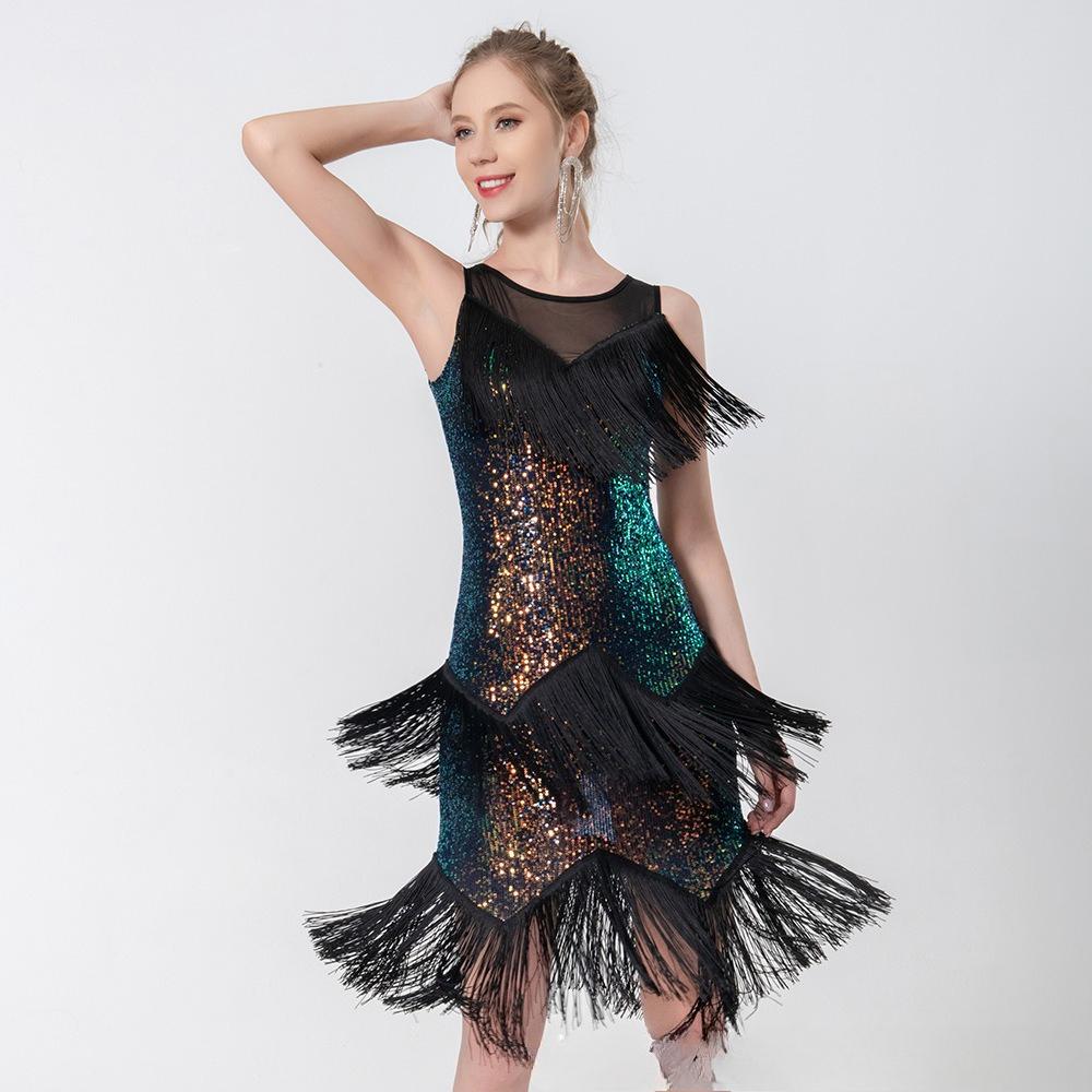 Sequined Tassel Dress Female Latin Dance Dress Prom Party Dress Stage Dress Big Skirt