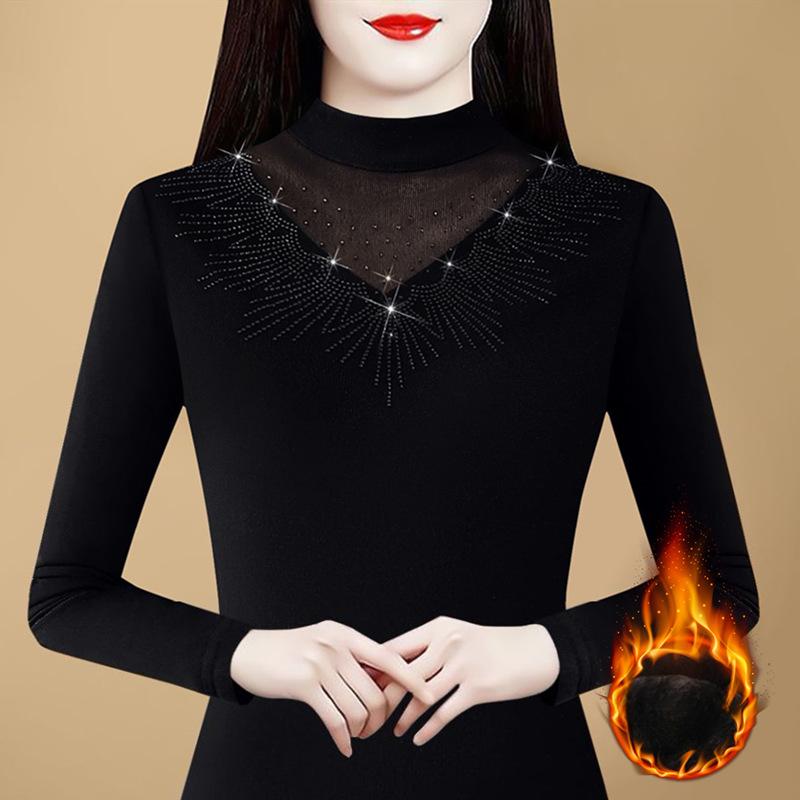 Nou Stil de Primăvară Gât Semi-Înalt Plus Catifea Îngroșat Cămașă de Bază Tricou Elastic cu Diamante de Fier la Modă cu Mâneci Lungi Top Pulover pentru Femei