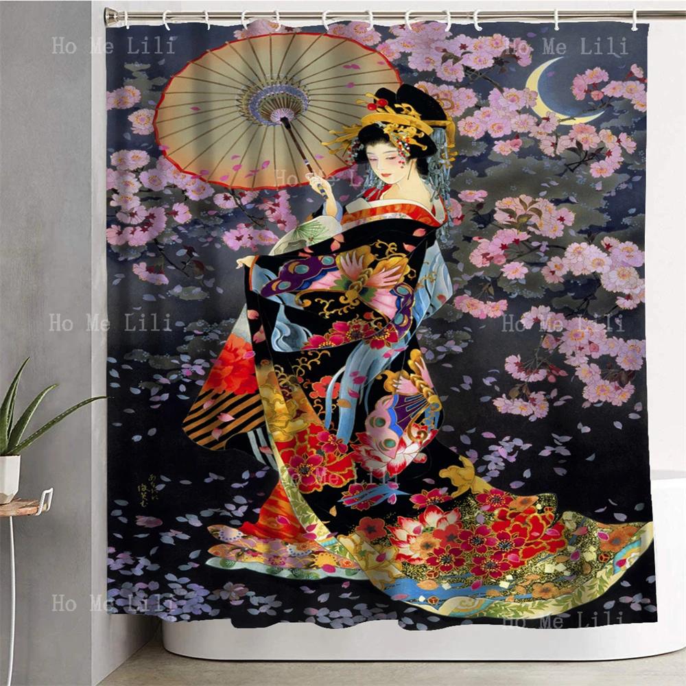 Japanese Traditional Funny Cherry Blossoms Beautiful Kimono Geisha Girl Design Fabric Bathroom Shower Curtain Home Decor