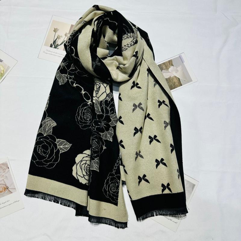 Butterfly Scarf for Women Autumn and Winter New Imitation Cashmere Scarf for Women Winter Warm Thickened Camellia Shawl Versatile