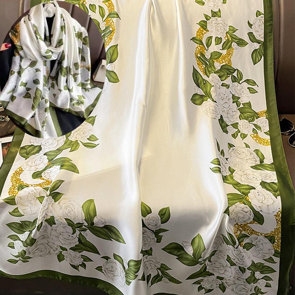 New Spring/Summer Imitation Silk Scarf for Women, Popular Style, Long Scarf, Elegant Satin, Versatile Printed Silk Scarf Shawl Gardenia