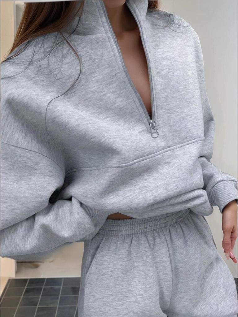 2025 European Autumn/Winter Fashion Zipper Lapel Solid Color Casual Two-Piece Set