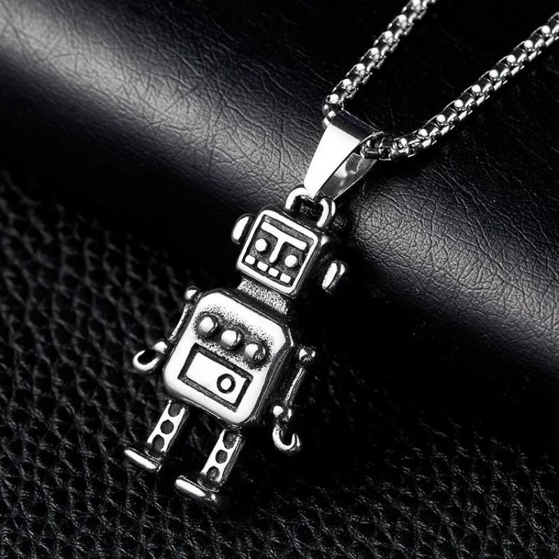 Vintage Silver Color Cool Robots Pendant Necklace for Men Hip Hop Rock Stainless Steel Box Chain Retro Hippie Neck Jewelry Gifts