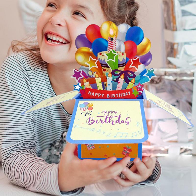 Kids Birthday Card 3D Popup Music LED Lighting Birthday Greeting Card 3D Popup Greeting Postcards With Blowable Light Candle For