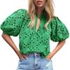 Women Tops V-Neck Puff Short Sleeves Hollow Out Crochet Shirt Solid Color Loose Fit Blouse Outdoor Leisure Wear