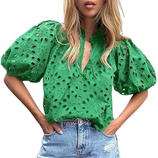 Women Tops V-Neck Puff Short Sleeves Hollow Out Crochet Shirt Solid Color Loose Fit Blouse Outdoor Leisure Wear