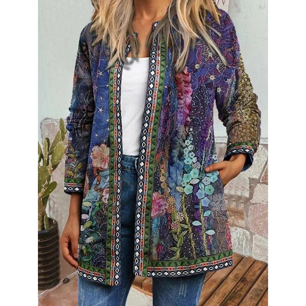 GMXIA Autumn and Winter Vintage Ethnic Style Printed Long Sleeve Hoodie Outside Cardigan Coat for Women