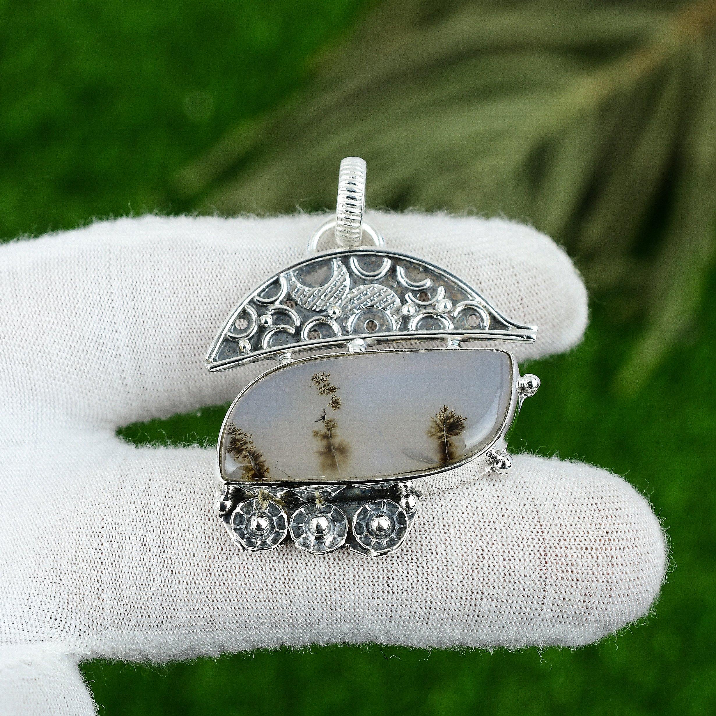 Dendrite Tiger Gemstone 925 Sterling Silver Handcrafted Bezel Pendant Jewelry