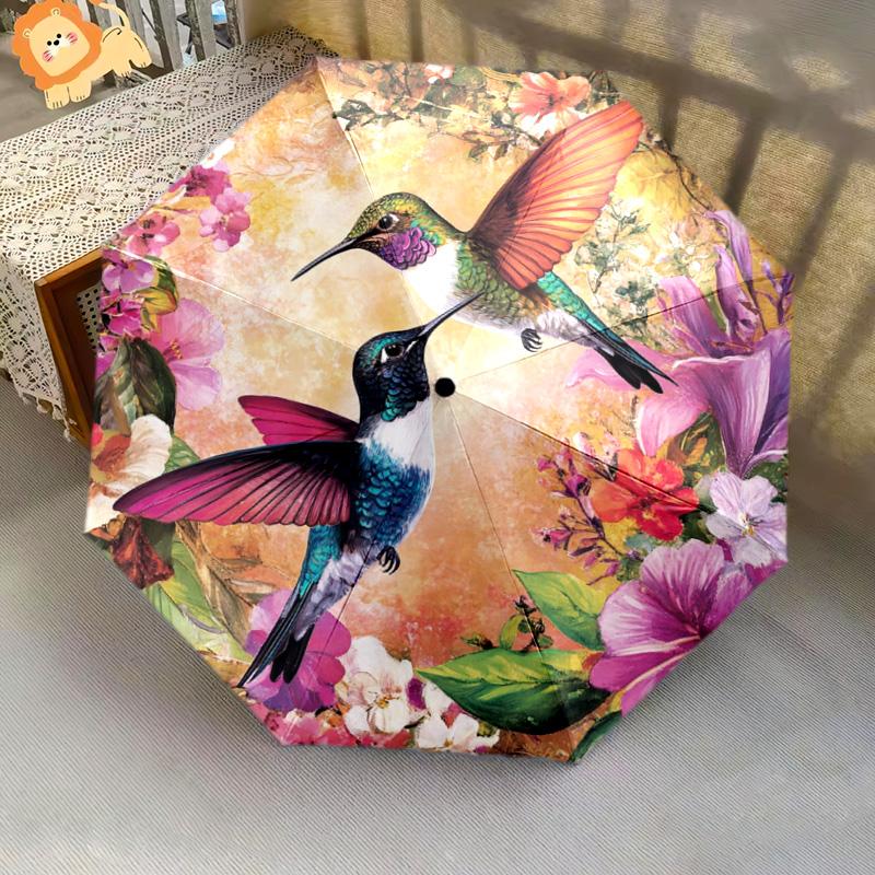 1 PC Automatic Folding Umbrella - Hummingbirds Floral Pattern, Portable & Foldable Design with 8 Ribs, Christmas Birthday Gifts