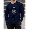 Camiseta De Manga Larga Con Cuello Redondo Y Estampado De Brújula De Montaña Para Deportes Y Ocio, 100% Algodón Puro, Holgada, Cómoda