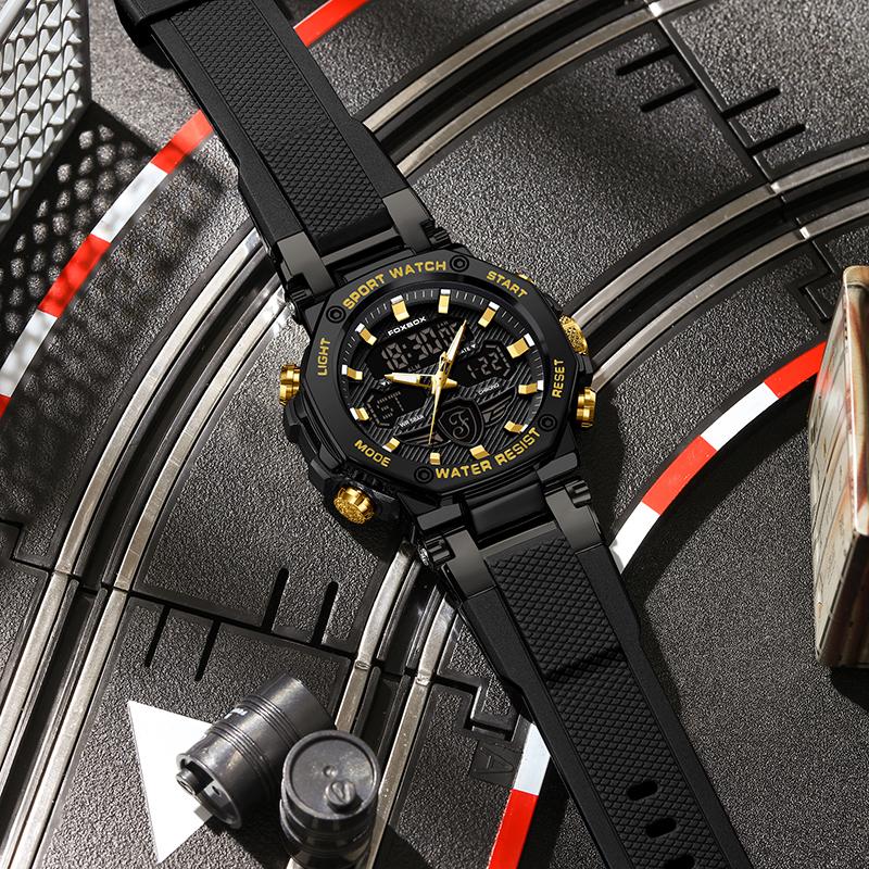FOXBOX Fashion Luxury Electronic Watch Silicone Casual Sport Waterproof Luminous Multifunctional Quartz Digital Watches for Mens