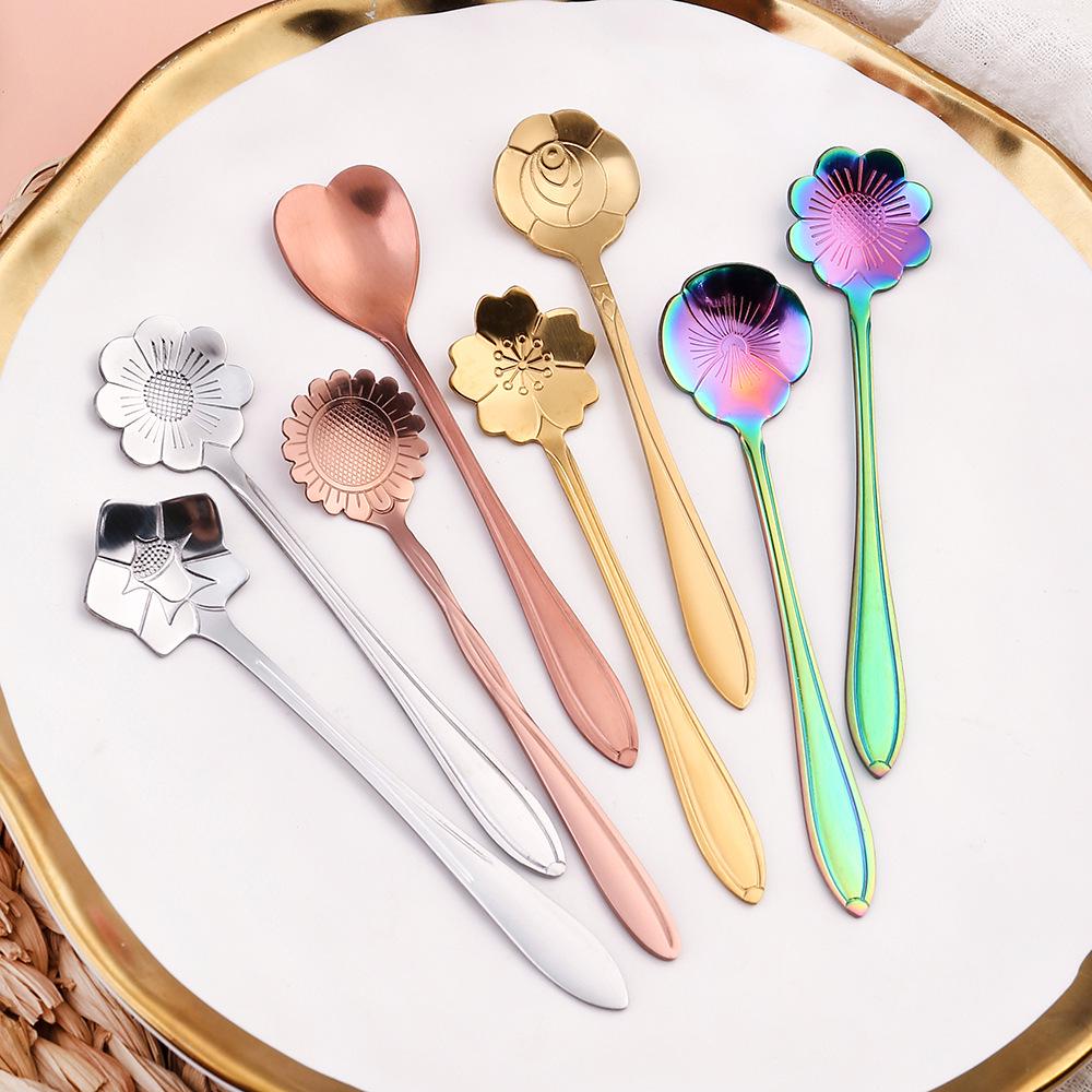 Gold Plated Christmas Flower Mixing Spoon - Japanese Stainless Steel Coffee Stirrer with Custom Logo Option.
