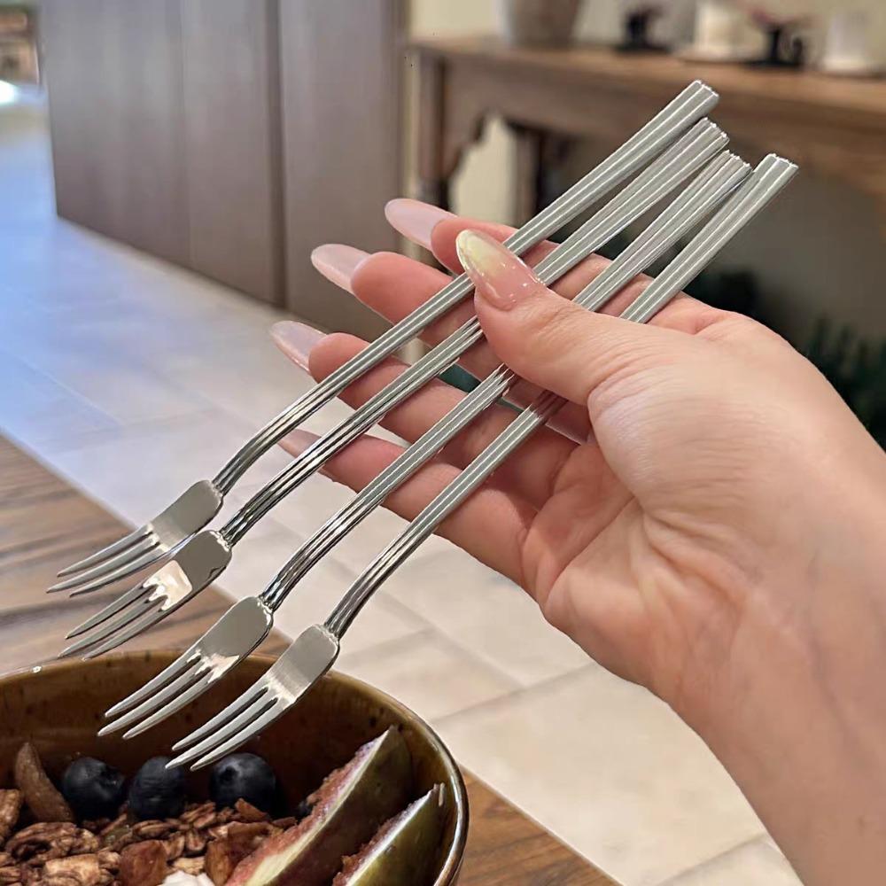 10PCS 3-toothed Stainless Steel Slender Fruit Fork Reusable Rust-proof Afternoon Tea Fork Extended Handle Salad Fork Restaurant