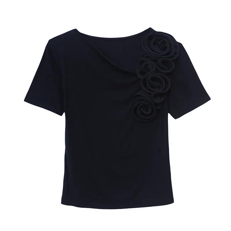 Summer New Women's Cotton T-shirts Short Sleeve Tops Trendy Elegant 3D Flower Designer Tees