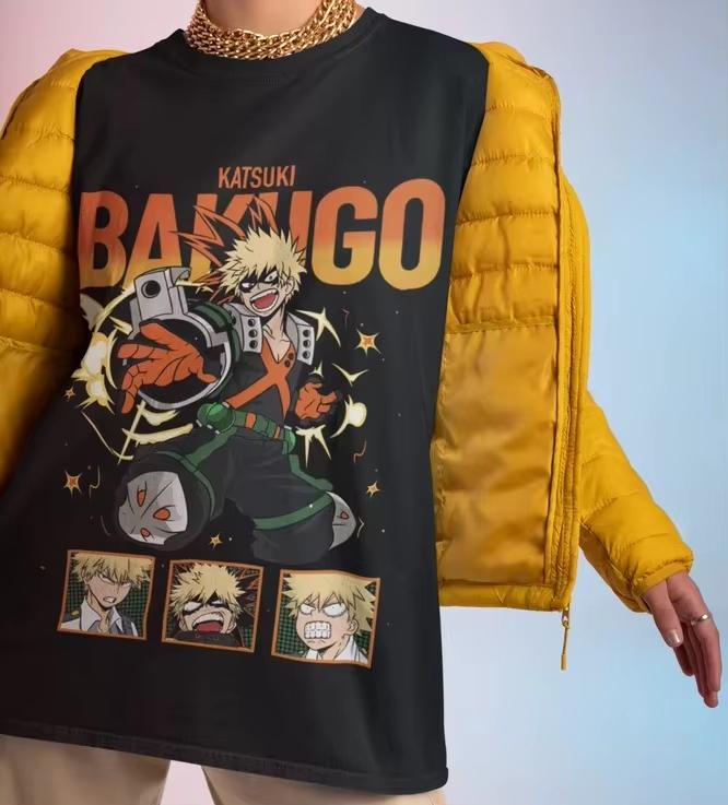 2026 Oversized Pure Cotton Streetwear T-shirt With Anime Print Of Katsuki Bakugo The Explosion Hero From My Hero Academia T-Shirt 4XL