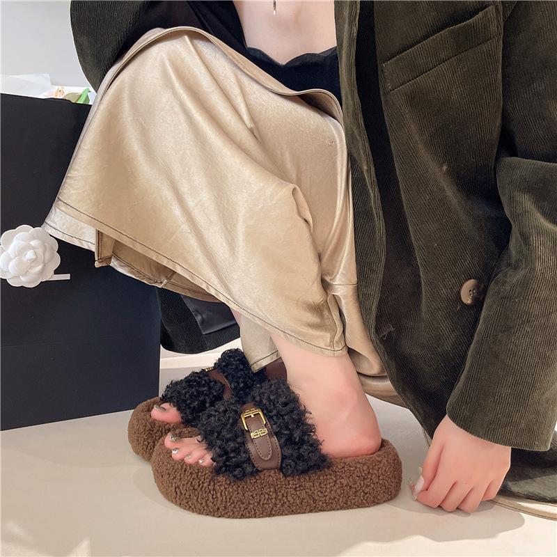 Women's shoes fairy wind thick-soled hairy drag women wear ins trendy small fragrant wind 2025 new French autumn and winter one-word drag