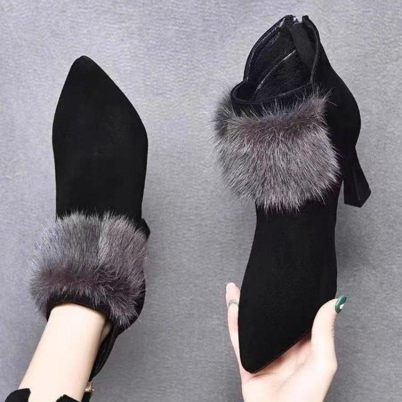 Fleece Warm High-heeled Short Boots Winter New Small-heeled Stiletto Temperament Pointed-toed Versatile Fashion Cotton Boots