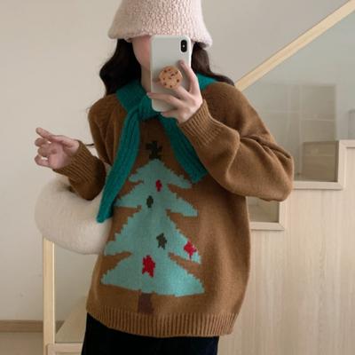 Crew Neck Red Christmas Tree Pullover Sweater Women's Autumn and Winter New Loose and Versatile Thickened Knitted Sweater Top