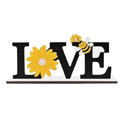 Summer Themed Wooden Love Letter Sign with Sunflowers and Bees Design Ornament for Tabletop or Shelves Display Decors