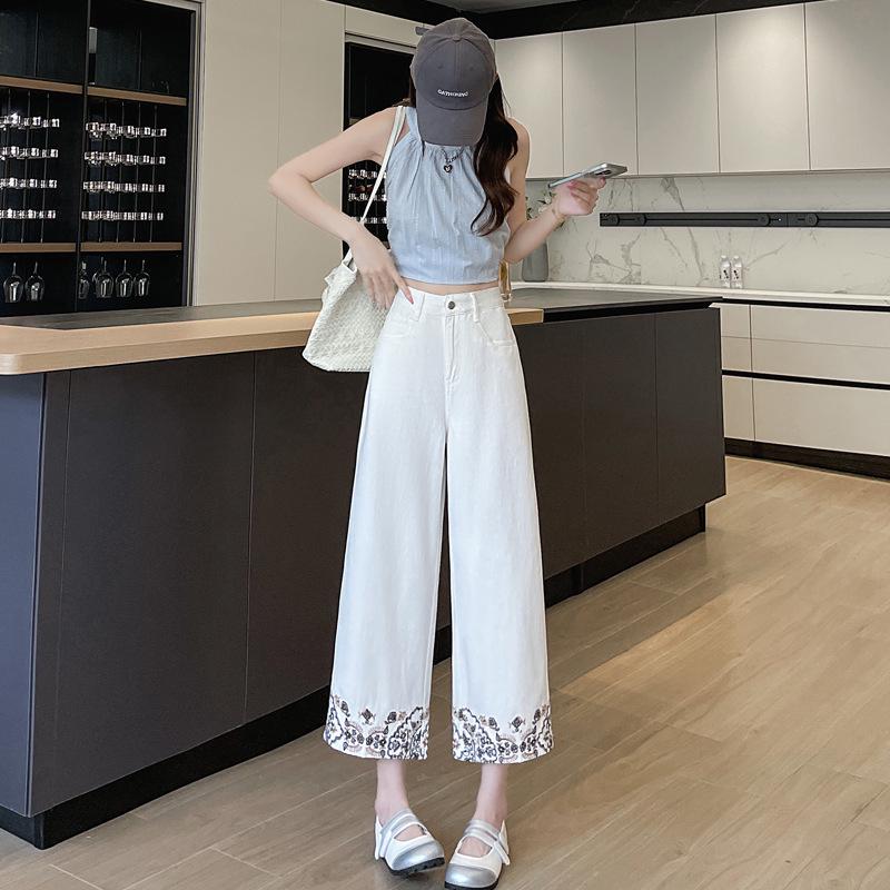 Eight-Minute Women's Floral Wide-Leg Jeans with Heavy Embroidery for Spring and Autumn