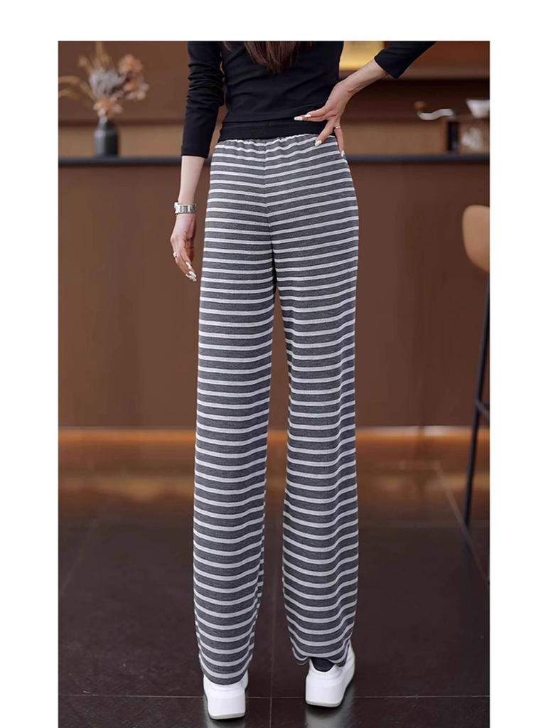 Women's Striped Elastic Waist Wide-Leg Knitted Pants, Slim-Fit Casual, Spring/Autumn 2025.