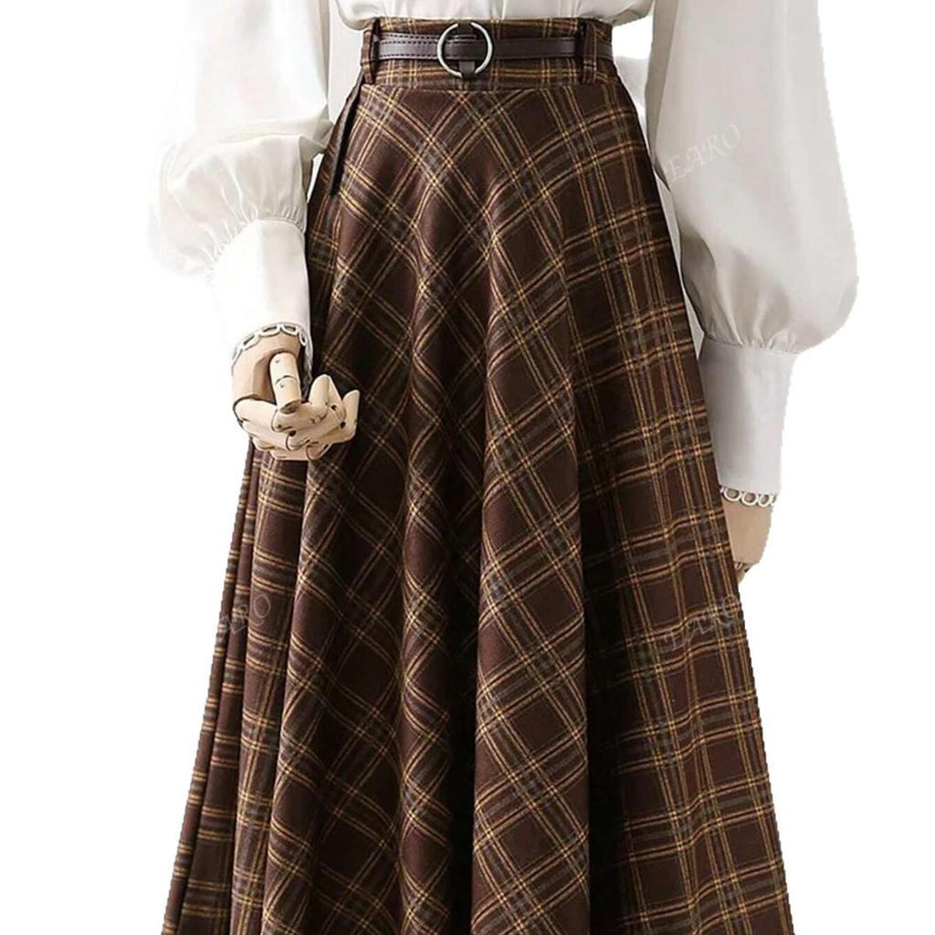Women's Coffee Plaid A-line High-Waisted Retro Wrap Skirt