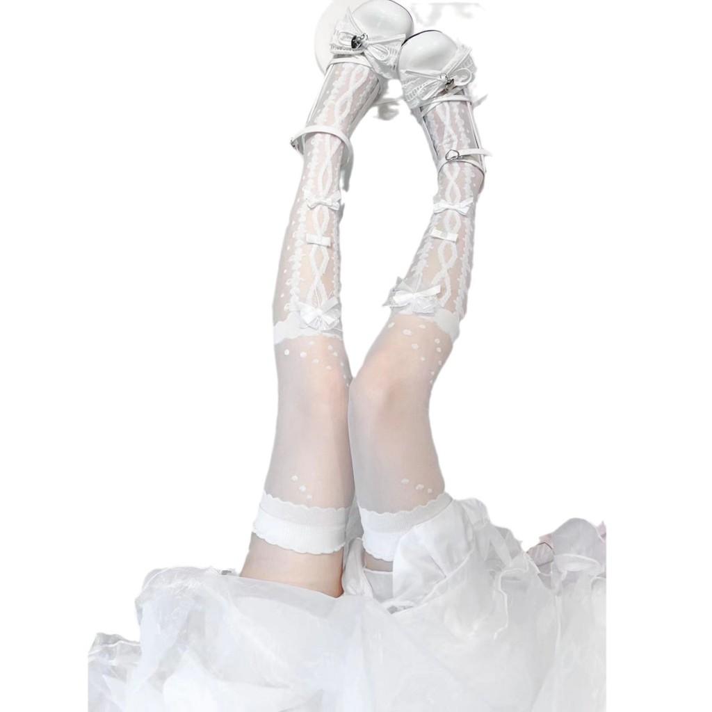 Japanese Lolita Cross Butterfly Bow Stockings With Silk Ties For Women