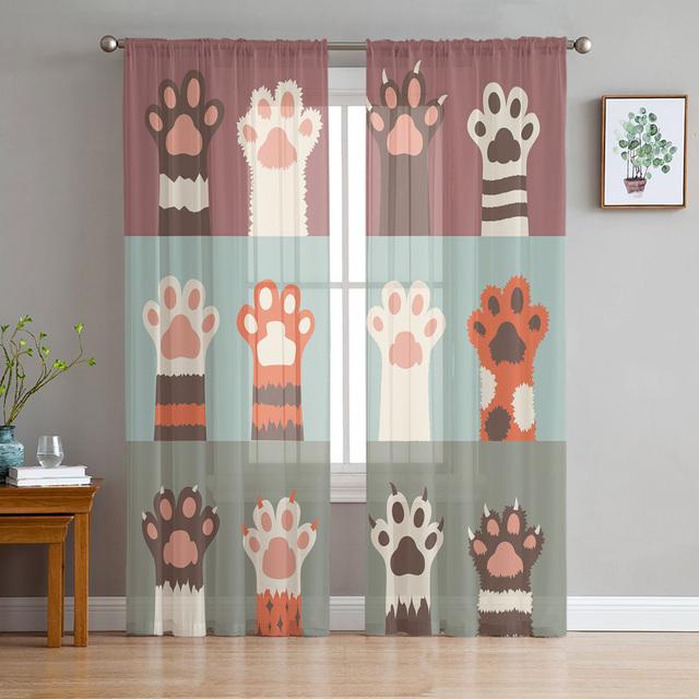 Cartoon Pet Paw Footprint Tulle Curtains For Living Room Bedroom Decoration Chiffon Sheer Voile Kitchen Window Curtain Drapes