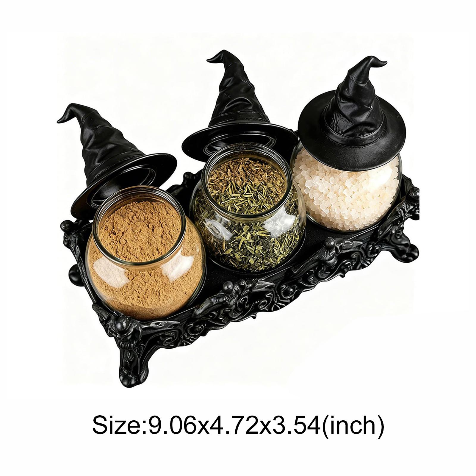 

3 Piece Gothic Apothecary Spice Jars Set w/ Witchy Hat Lids Vintage Unique Witchcore Kitchen Decor Spice Storage Containers Set
