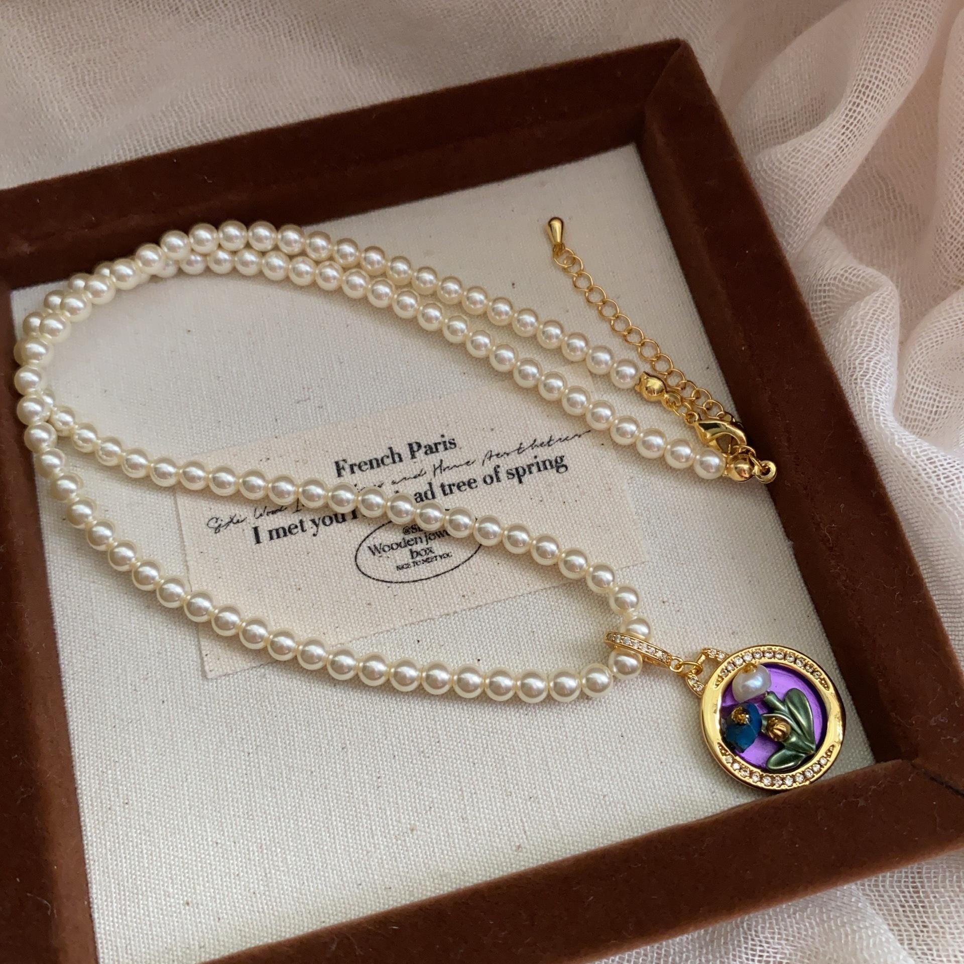 

Oil Painting Natural Freshwater Pendant Fine Pearl Necklace Female Medieval Style Light Luxury Niche Collarbone Chain Neck Chain