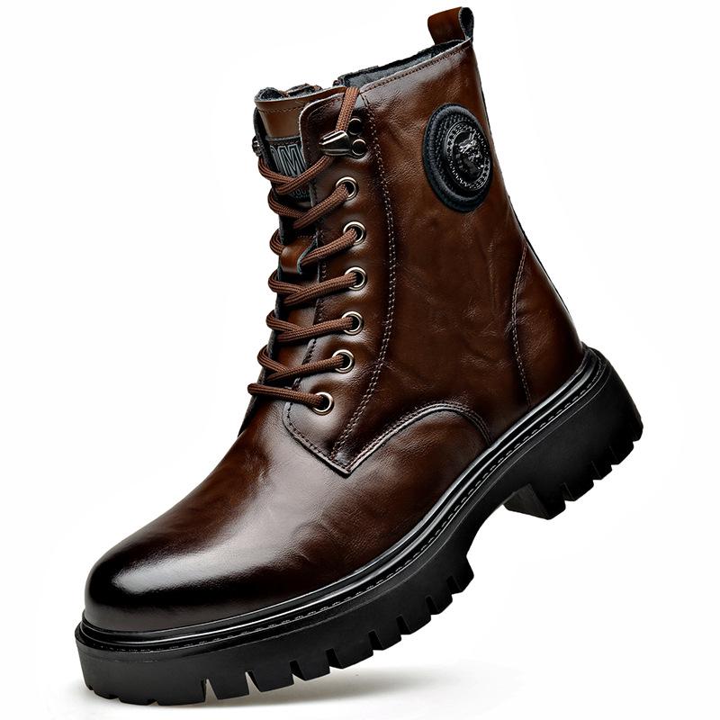 Men's Trendy Wool-Lined Cowhide High-Top Martin Boots with Side Zipper - Casual and Warm.