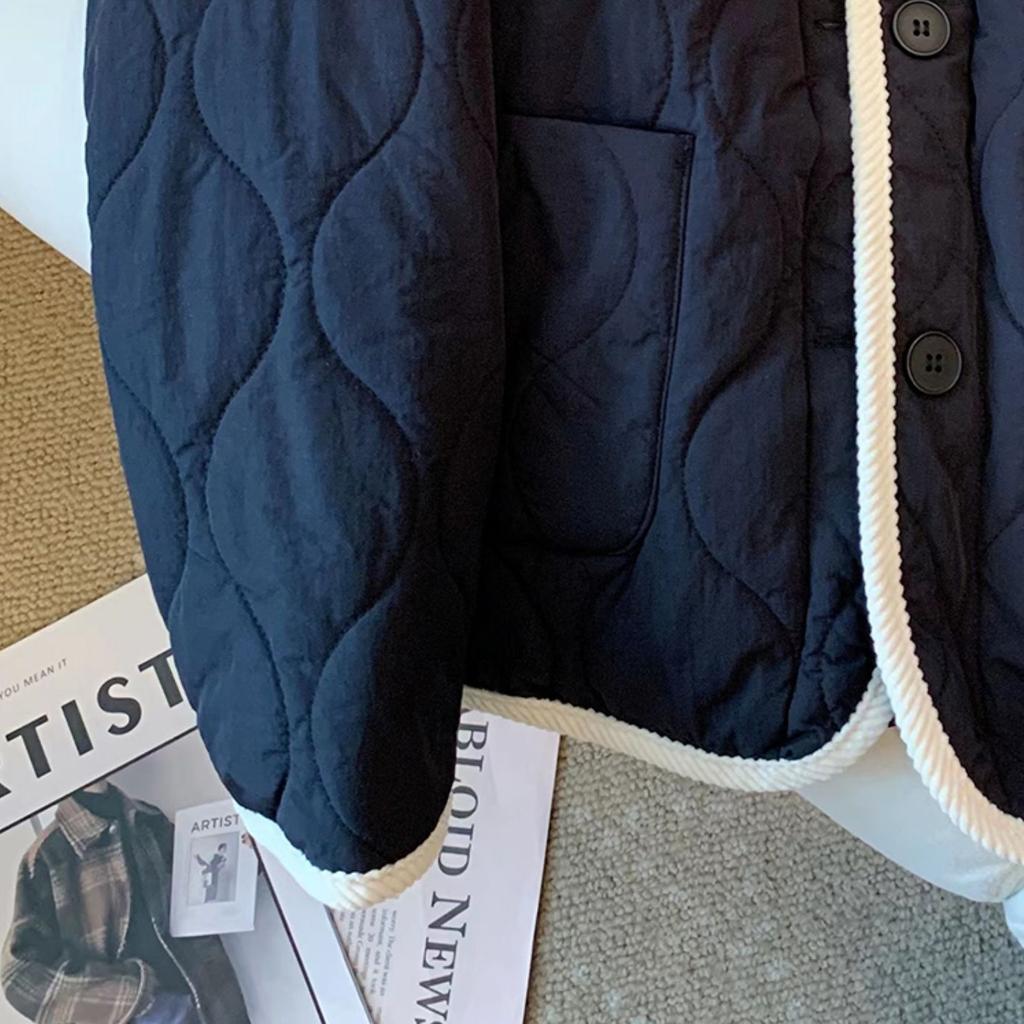 Retro bawełniana kurtka z haftowanym misiem, kontrastowe kolory, obszyte krawędzie, dla mężczyzn i kobiet, moda zimowa, pikowana w romby, luźna, gruba, z kołnierzem