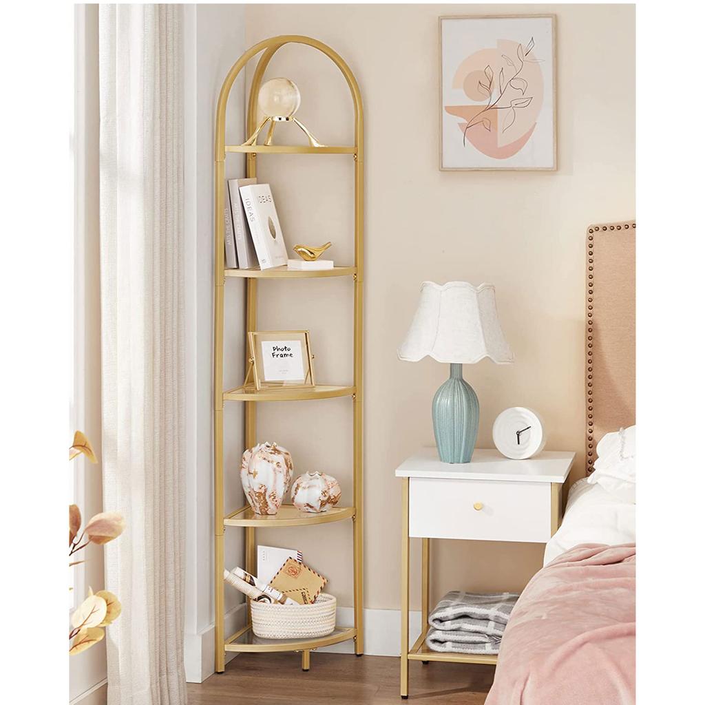 VASAGLE Corner Shelf Stand, 5 Tier Corner Bookshelf, Tempered Glass Shelves, Modern Style, Plant Stand with Steel Frame for Living Room, Bedroom