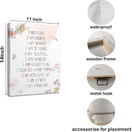 WODMIS Affirmation Wall Decor,I Am Kind Smart Brave pirational Framed Canvas Wall Art Decor 11×14,Watercolor Wall Decoration for Office Girls Room