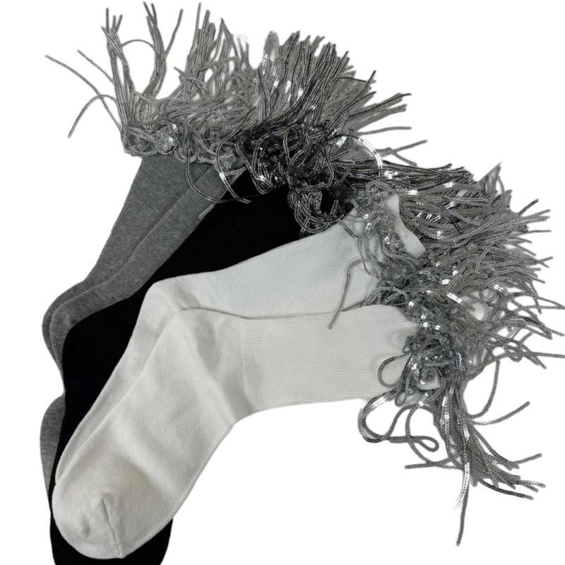 Womens Harajuku Sequins Tassels Decorative Trim Calf Sock 90s Solid Rib Middle Tube Sock Nightclub Party Stockings