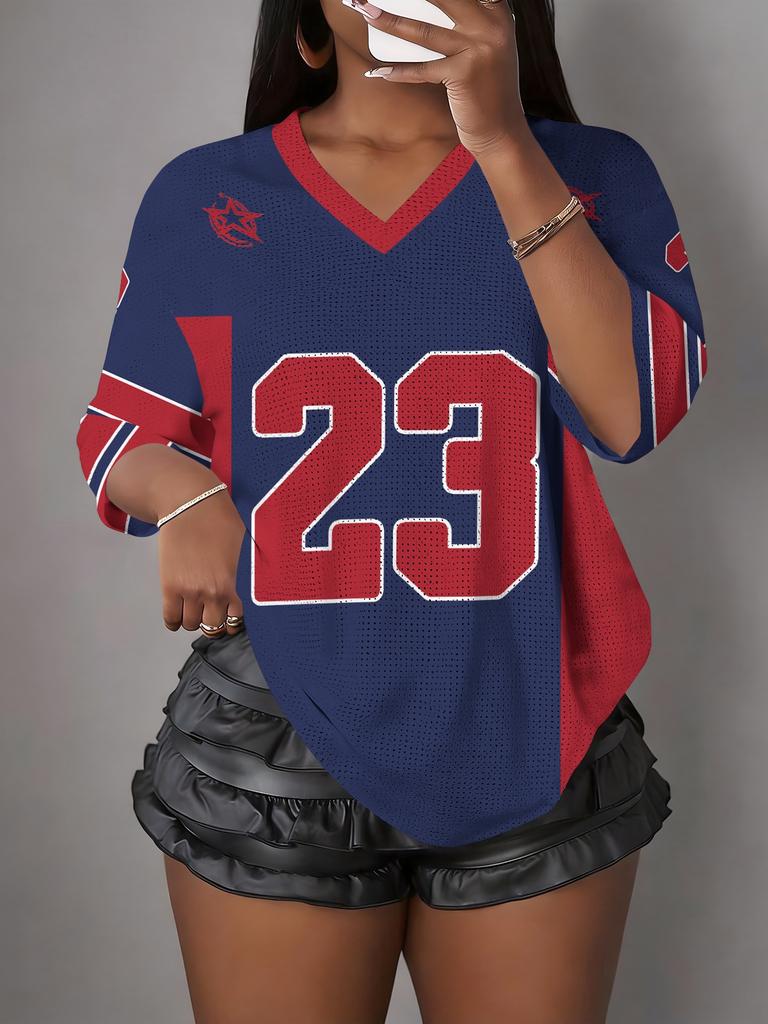 Damen NO.23 Print V-Ausschnitt Kurzarm T-Shirt Sommer Grafik T-Shirt Baseball Trikots Große Größen Sport T-Shirt