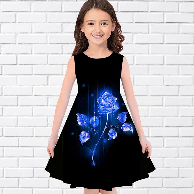 Girls Sleeveless Round Neck Vest Dress Stylish 3D Digital Print Pattern Summer Versatile Mini Children's Dress