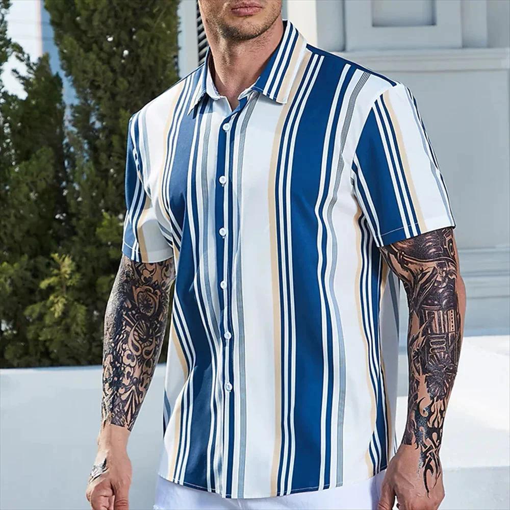 Summer Casual Mens Striped Short Sleeve Shirt Hawaiian Style M